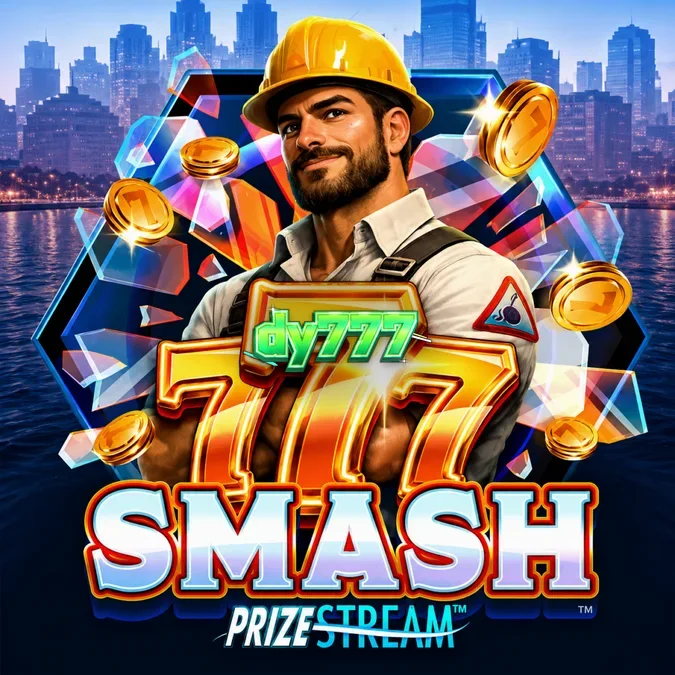 Tampilan visual mesin slot 777 Smash dengan tema konstruksi dan bola penghancur.